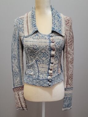 Free People Boho Patchwork Knit Button Front Cropped Cardigan Jacket Blue Sz S